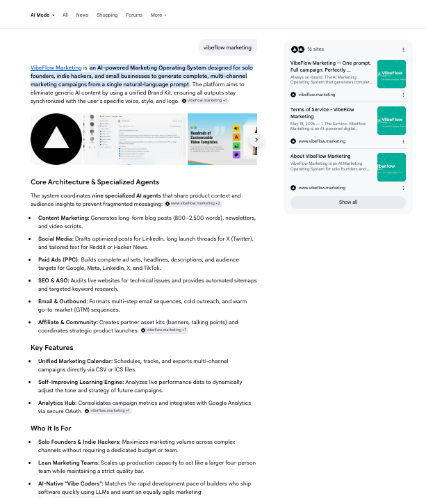 Google AI Mode answer panel for "vibeflow marketing": the synthesized answer describes VibeFlow Marketing as an AI-powered Marketing Operating System, with a "16 sites" sources rail on the right surfacing three VibeFlow Marketing cards at the top — the homepage, Terms of Service, and About page.